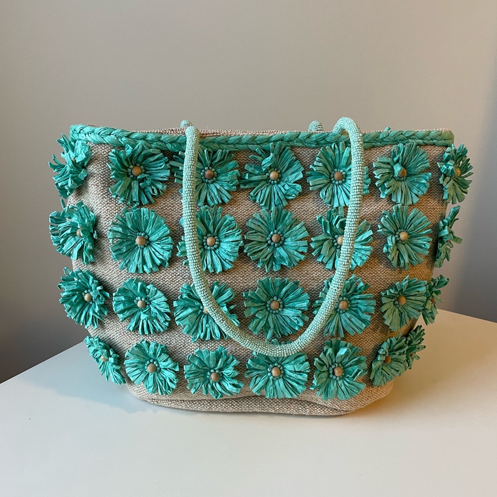 NWT Turquoise Rafita Floral Tote Bag with Beaded Handle Straps - Picture 2 of 8